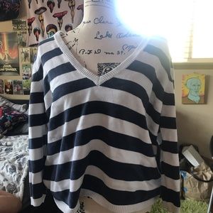 Navy blue and white striped sweater w/ v-neck, neck line!!